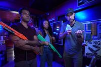 Utkarsh Ambudkar, Sonequa Martin-Green (middle) and ‘My Dead Friend Zoe’ director/co-writer Kyle Hausmann-Stokes prepare for a scene in which the 2 actors play a shooter arcade game.